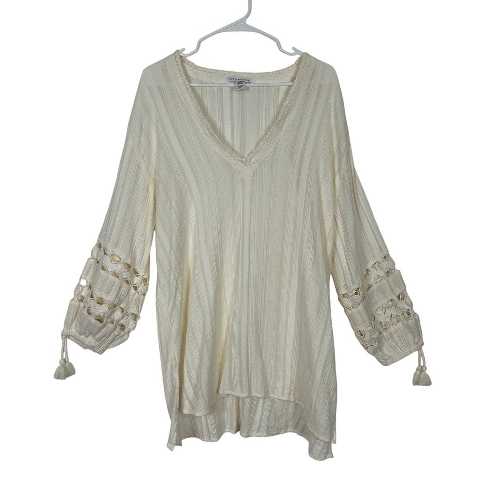Robin Piccone Cotton Tunic Cover Up Women Medium Ivory Crochet Trim Boho Beach